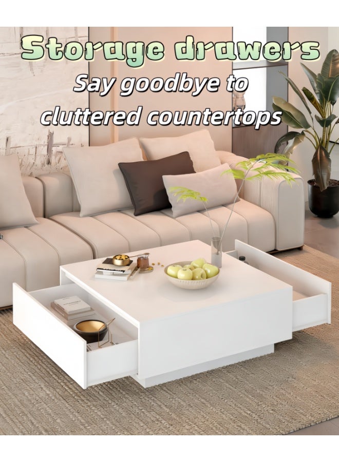 طاولة قهوة مع أدراج تخزين، طاولات مركزية خشبية مربعة مقاس 90 × 90 سم مع قاعدة سميكة، طاولة كونسول حديثة لغرفة المعيشة والمكتب المنزلي (CJ028-WHITE) - Image 2